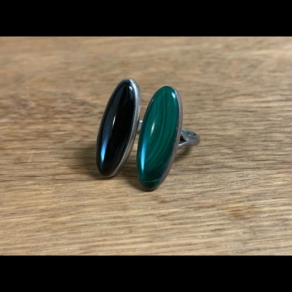 Sterling silver, malachite, obsidian ring - Picture 4 of 11
